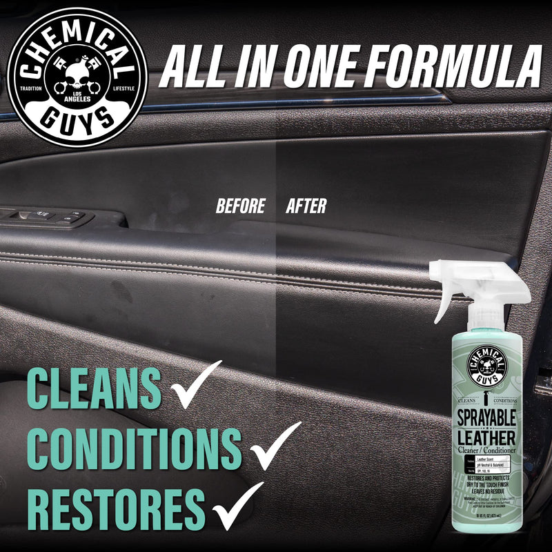Chemical Guys SPI_103_16 Sprayable Leather Cleaner and Conditioner in One for Car Interiors, Apparel, and More (Works on Natural, Synthetic, Pleather, Faux Leather and More) Leather Scent, 16 fl oz 16 Fl Oz (Pack of 1)