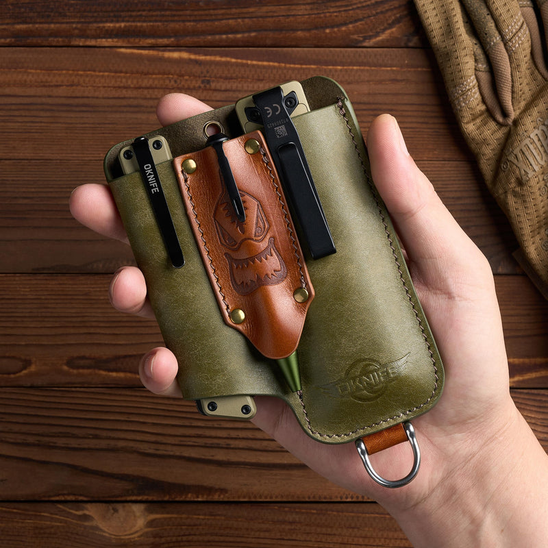 OKNIFE Osheath S1 3 in1 Leather Sheath for Flat Flashlight, Pocket Knife, Mini Pen, EDC Kit Belt Organizer for Belt with Horseshoe Buckle Keychain