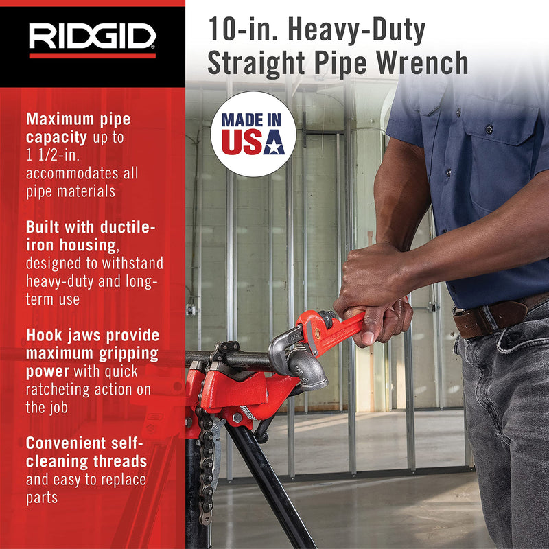 RIDGID 31010 Model 10 Heavy-Duty Straight Pipe Wrench, 10-inch Plumbing Wrench, Red, Black, 250mm (10in) 10" Durable, Heavy-Duty