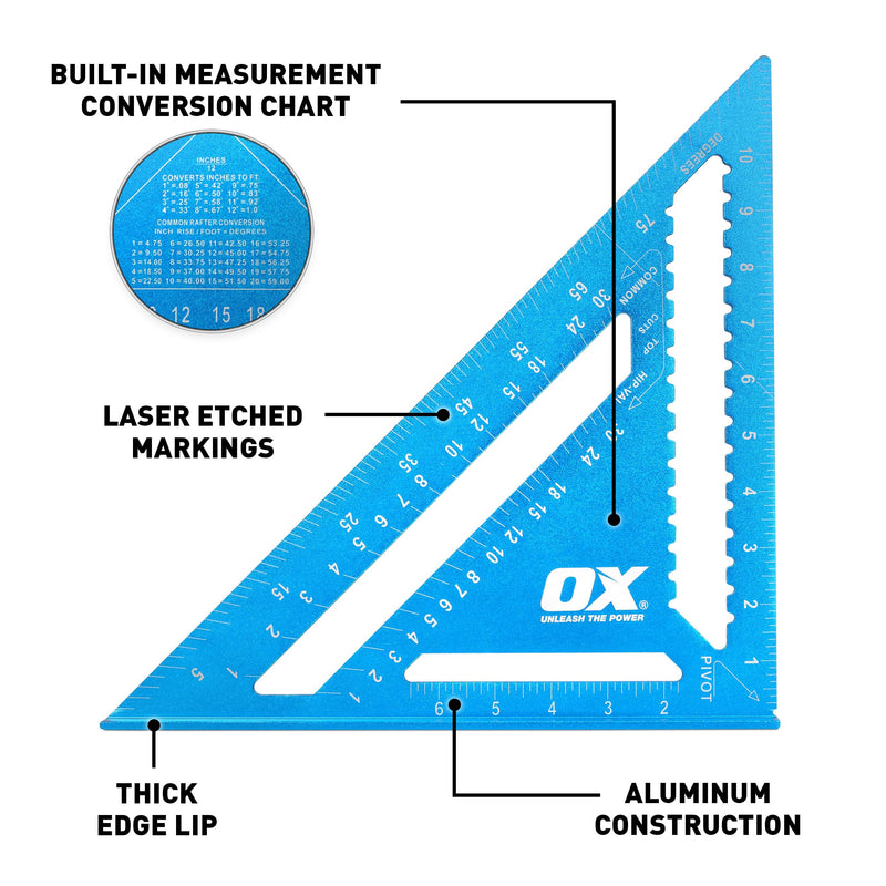 OX Professional 12 Inch Aluminum Framing Square - Rust-Proof Carpenter Square with Laser-Etched Markings - Metal Carpentry Squares for Woodworking - Rafter Square Tool - Escuadra De Carpintero 12" Rafter Square