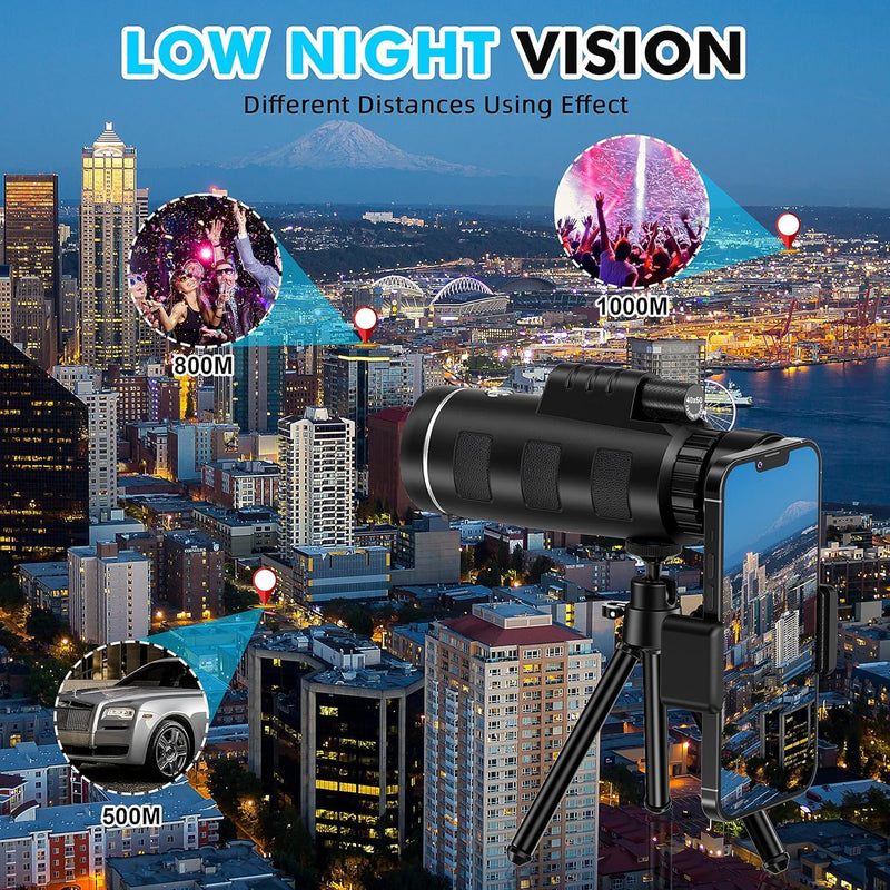 40x60 Monocular Telescope with Smartphone Adapter and Telescope Case High Powered Monocular, Compact Monocular for Wildlife, Hunting, Camping, Travel &Outdoor Adventures Black