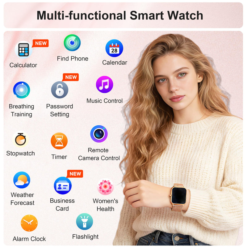 Smart Watch Women Men, Answer/Make Call, 1.96'' Fitness Tracker with Blood Pressure, HR, Sleep Monitor, 110+ Sport Modes Reloj Inteligente para Mujer Smartwatch Compatible with iPhone/Samsung/Android Rose Gold