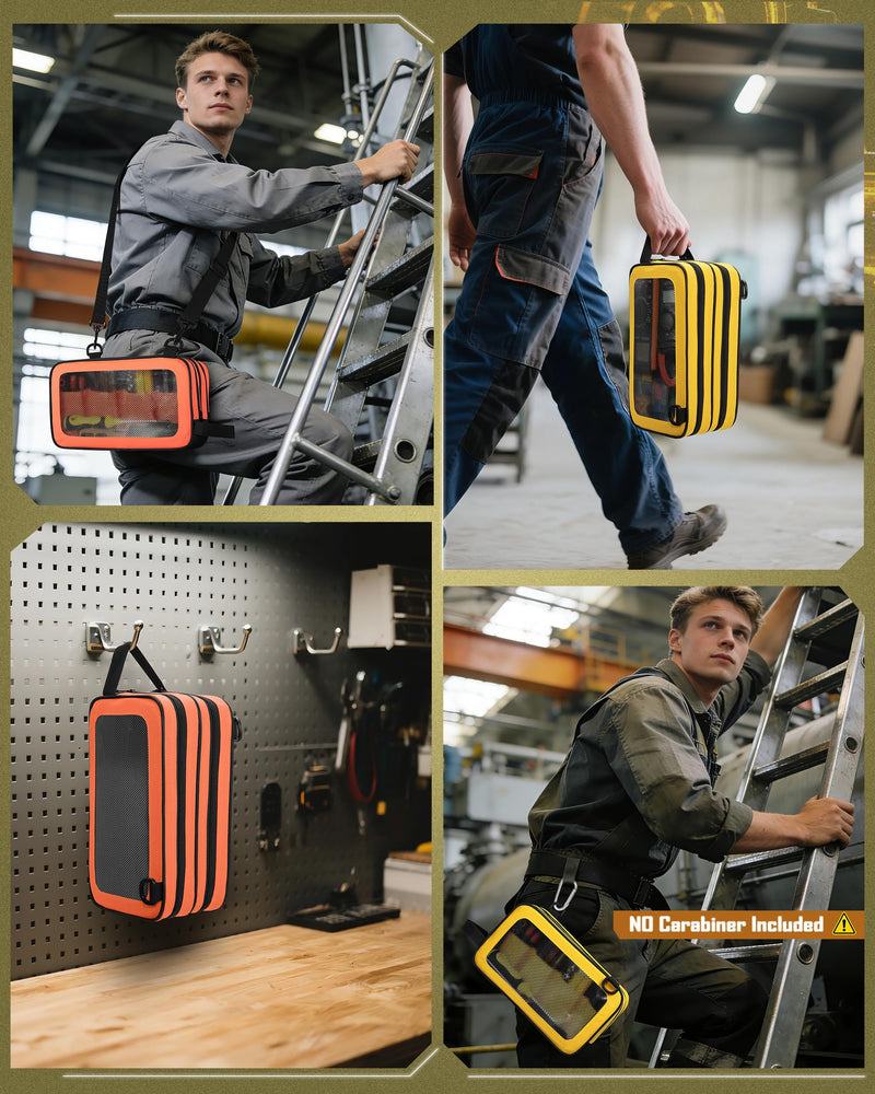 Marscamd 2 Pack Tool Pouch with Dual Compartments, 12” Tool Bag with Detachable Shoulder Strap, Carry Handle and Translucent Window, Orange-red/Yellow Orange-red and Yellow