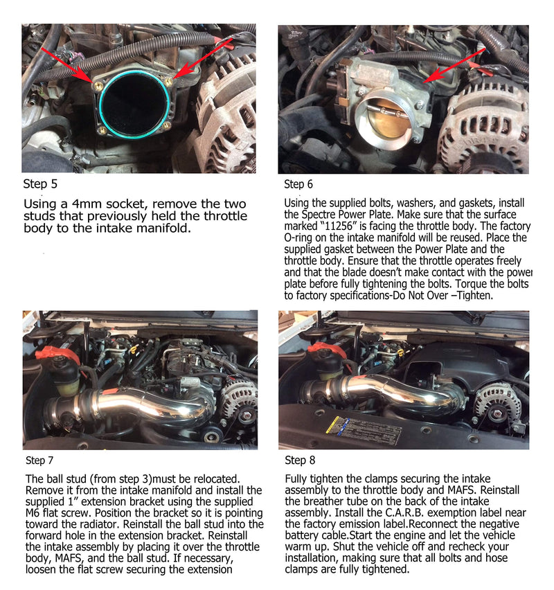 11256 Throttle Body Spacer Compatible with GM Truck 4.8L, 5.3L, 6.2L 2007-2012 Replacement for Spectre Performance