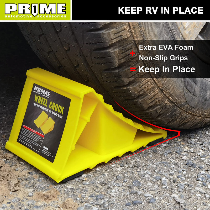 PR1ME Wheel Chocks with Non-Slip Base for RV & Trailer. 2 Pack Heavy Duty Wheel Chock with Bright Yellow. Lightweight Wheel Stoppers for Cars Camper Trucks RVs, Fit for Most Tyre Sizes wheel Chock 2 Pack