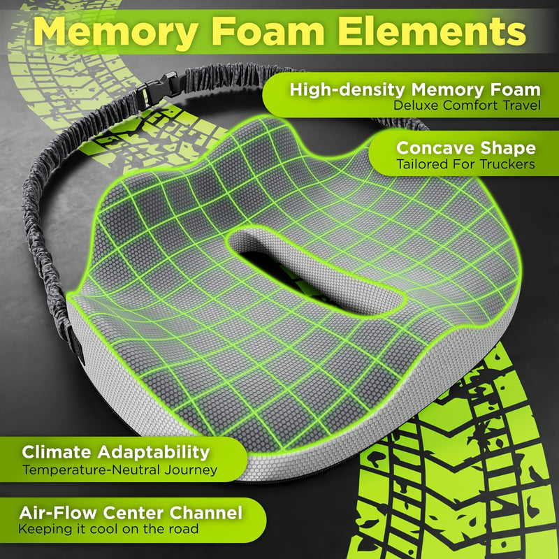 Semi Truck Seat Cushion & Green Semi Truck Phone Mount, Ultimate Memory Foam Trucker Seat Cushion & Heavy Duty Cell Phone Device Holder for Dashboard Windshield Window (1 SC & 1 PM)