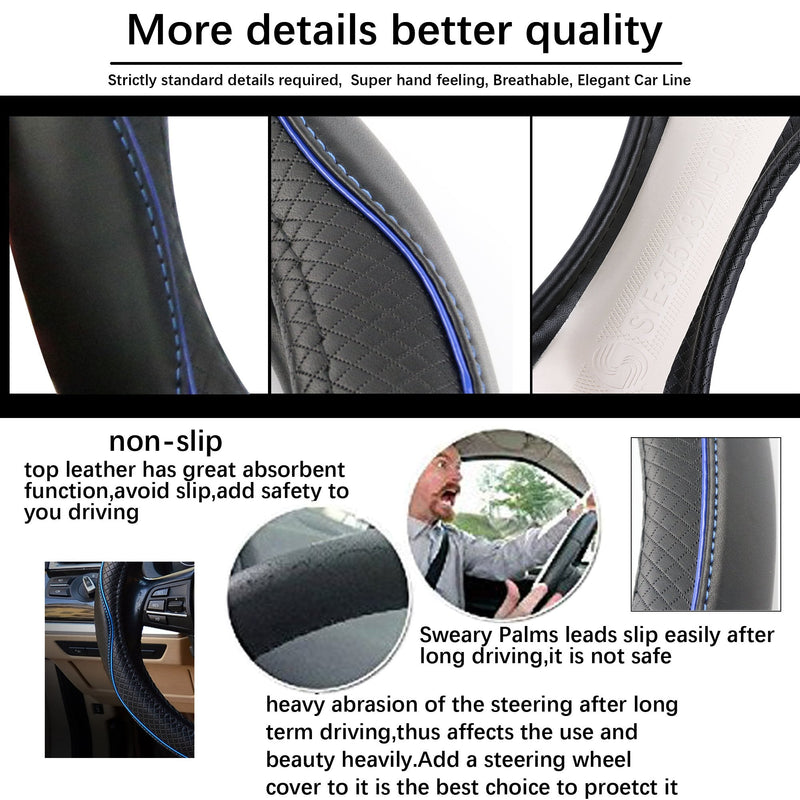 Car Steering Wheel Cover, Anti-Slip, Safety, Soft, Breathable, Heavy Duty, Thick, Full Surround, Sports Style (Black Blue) Black With Blue Line