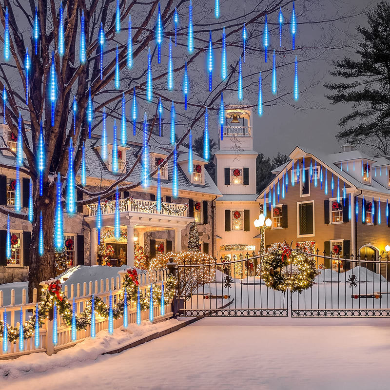 Minetom Meteor Shower Icicle Christmas Lights Outdoor, 16 Inches 16 Tubes 576 LED Dropping Connectable Hanging Falling Rain Lights for Tree Bushes Holiday, Blue