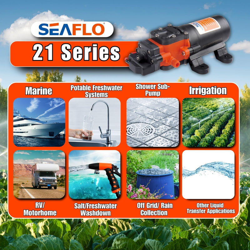 SEAFLO 21-Series Water Pressure Diaphragm Pump - 12V DC, 1.2 GPM, 35 PSI with Adjustable Pressure Switch, Self-Priming, Quiet Operation for RV, Boat, and Off-Grid Applications 1.2 GPM - 35 PSI