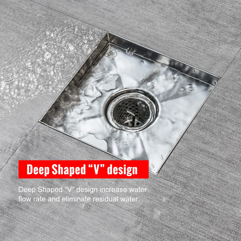 SaniteModar Shower Drain, Invisible 6 inch Square Shower Drain 2-in-1 Tile Insert Cover, 304 Stainless Steel Brushed Shower Floor Drain with Hair Catcher and Threaded Adapter Tile Insert Grate