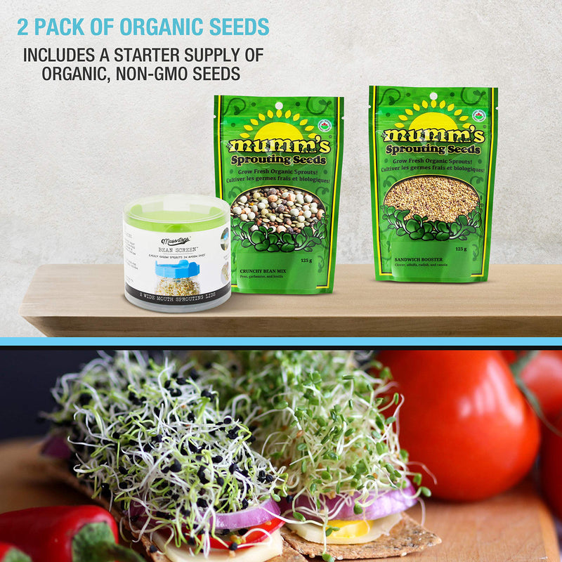 Masontops Bean Screen Sprouts Growing Kit - Sprouting Lids & Sprout Mixes Microgreens Growing Kit - Sprouting Kit Wide Mouth Mason Jar Strainer Lid Bean Screens Kit (2 Screens, 2 Seed Mixes)