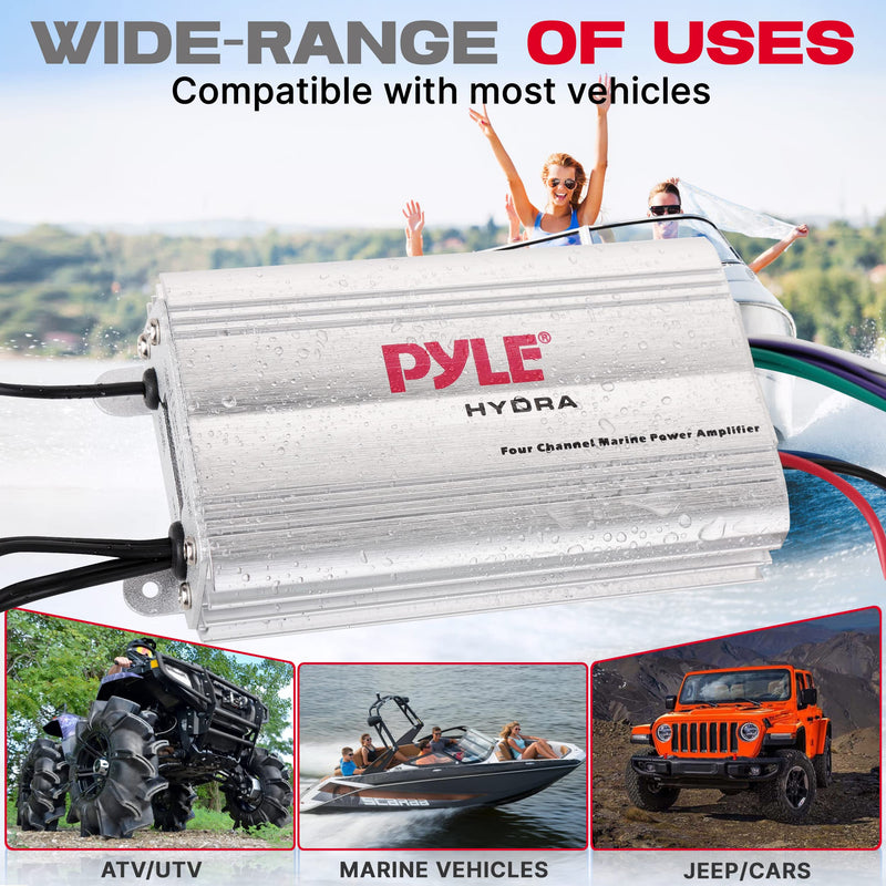 Pyle 400W 4-Channel Hydra Marine Micro Amplifier - Waterproof - RCA Input - 3.5mm Jack - MP3 - Soft Turn On/Off - Volume Gain Level Remote Control - Power Protection - PLMRMP3A Standard Packaging