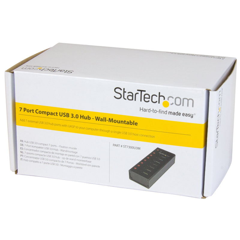StarTech.com 7 Port USB 3.0 Hub (5 Gbps) - Metal Enclosure - Desktop or Wall Mountable - Rugged & industrial Powered USB Expander and Splitter Hub (ST7300U3M) Black (Metal) Cable