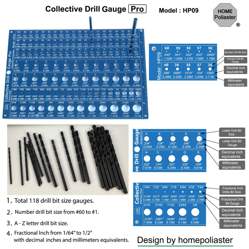 Collective Drill Bit Gauge|118 Hole Drill Gauge Accuracy 0.0008''(0.02mm) | 3-in-1 Stainless Steel Inch Drill Gauge