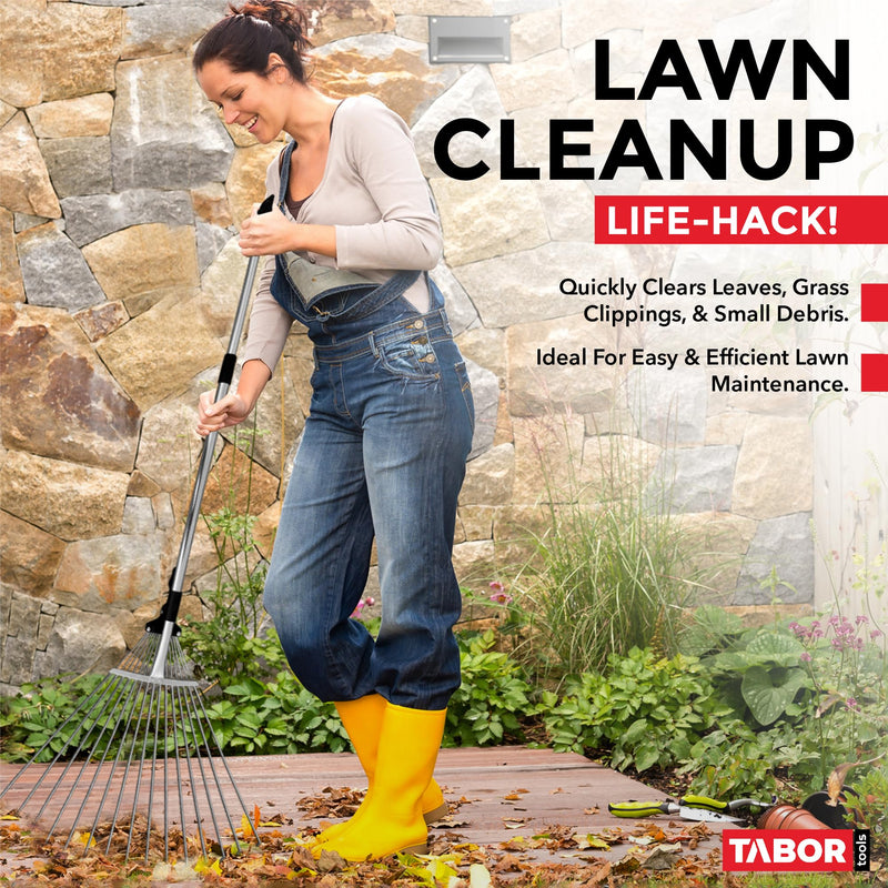 TABOR TOOLS Adjustable Metal Rake - Collapsible & Telescopic - Garden, Yard, & Lawn - Ideal for Leaves, Shrubs & Small Areas. J16A Black