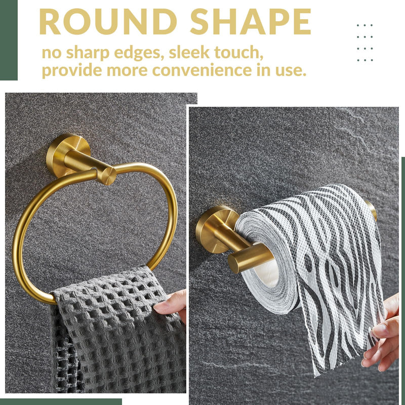 APLusee 2 Pieces Bathroom Hardware Set Brushed Gold, Contemporary 304 Stainless Steel Storage Accessories Kit with Oval Hand Towel Ring, Toilet Paper Holder Wall Mounted Brushed Gold Oval Shape