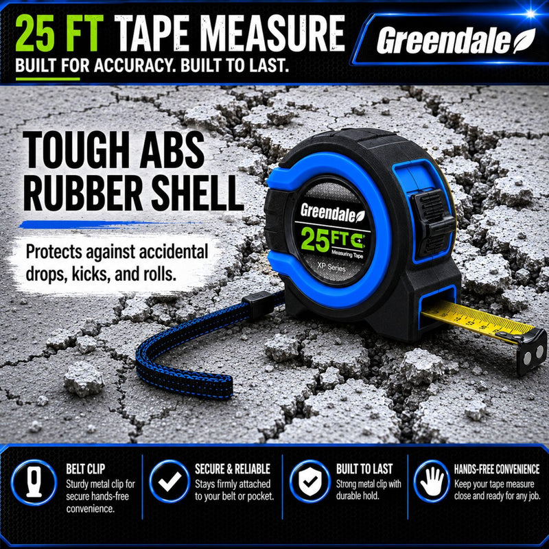 Greendale – 3 Pack Tape Measures 25 ft – Easy-Read Fractions, Magnetic Tip, Quick-Lock & Auto-Retract – Heavy-Duty Measuring Tape with Belt Clip – Blue 25ft
