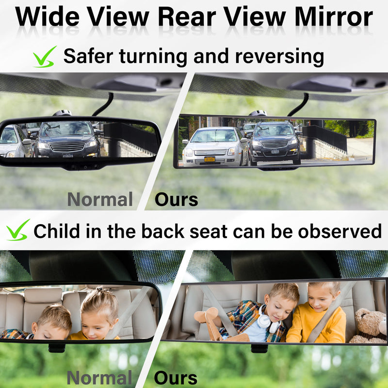 Rear View Mirror, Universal 11.4 Inch Interior Clip On Panoramic Convex Mirrors, HD Anti Glare Wide Angle and Reduce Blind Spot, Extended Rear View Mirror for Cars, SUVs, Trucks, Vehicles White