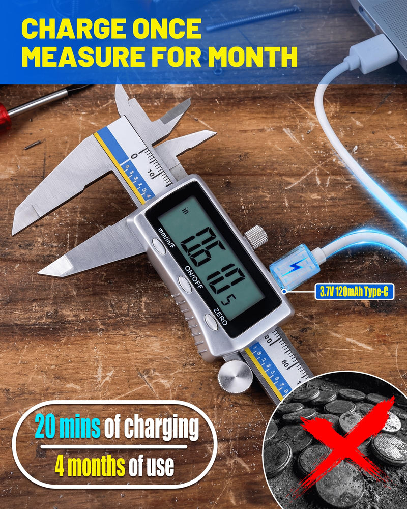 Digital Caliper with USB-C Charging, 6" Stainless Steel Digital Caliper Measuring Tool, 4-in-1 Calipers with Large LCD Screen, Micrometer with MM/in/F Conversion for DIY/Household/3D-printing