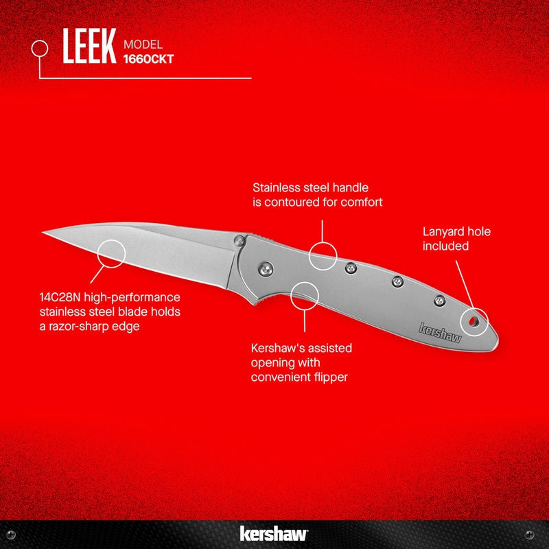 Kershaw Leek, BlackWash Pocket Knife (1660BLKW); 3 Sandvik 14C28N Steel Blade, 410 Stainless Steel Handle, BlackWash Finish, SpeedSafe Assisted Open, Frame and Tip Locks, Reversible Pocketclip; 3 OZ Silver