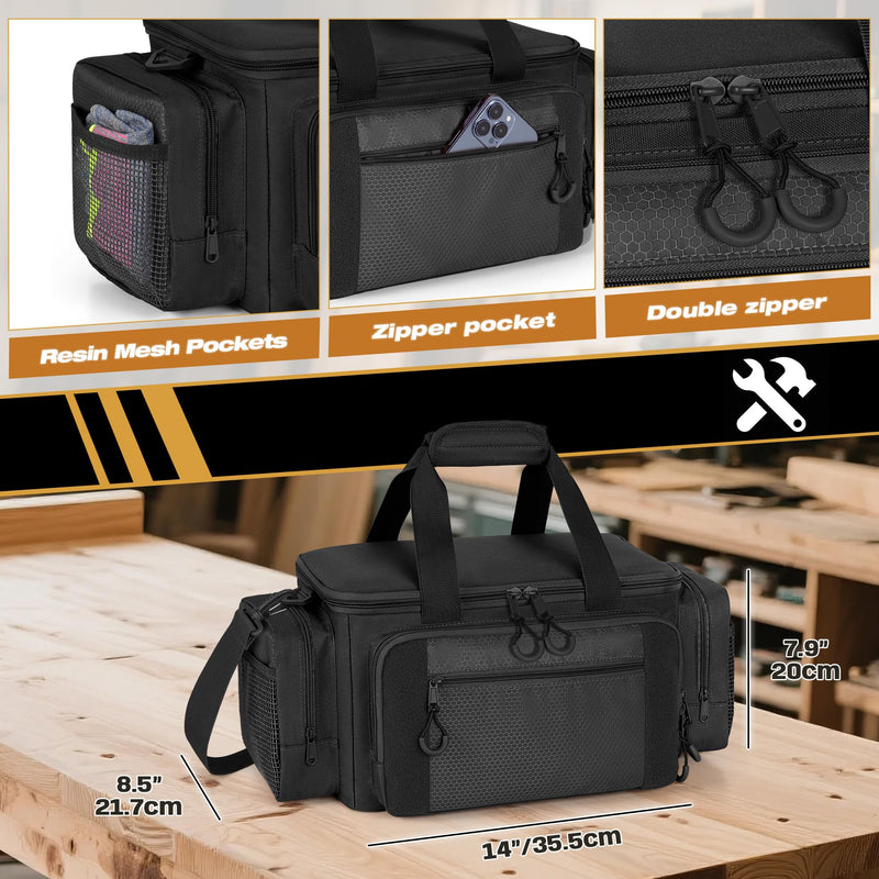 Tactical Tool Bag with Anti-friction Bottom, Hand Tool Tote Storage Organizer for Men, Small Range Bag for Electricians, Carpenters, Mechanics and Repairman, Black