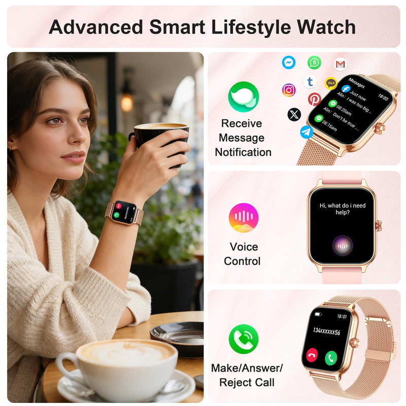 Smart Watch Women Men, Answer/Make Call, 1.96'' Fitness Tracker with Blood Pressure, HR, Sleep Monitor, 110+ Sport Modes Reloj Inteligente para Mujer Smartwatch Compatible with iPhone/Samsung/Android Rose Gold