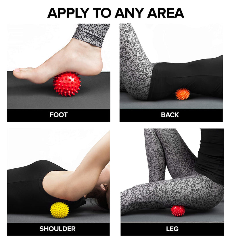 Spiky Massage Balls for Feet, Back, Hands, Muscles - Firm, Medium and Soft Spiked Massager Rollers for Plantar Fasciitis, Exercise, Neuro-Balance, Physical Therapy, 3-inch