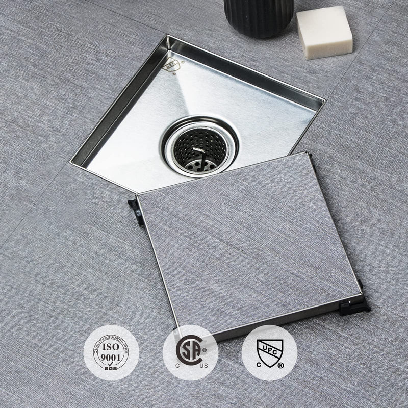 SaniteModar Shower Drain, Invisible 6 inch Square Shower Drain 2-in-1 Tile Insert Cover, 304 Stainless Steel Brushed Shower Floor Drain with Hair Catcher and Threaded Adapter Tile Insert Grate