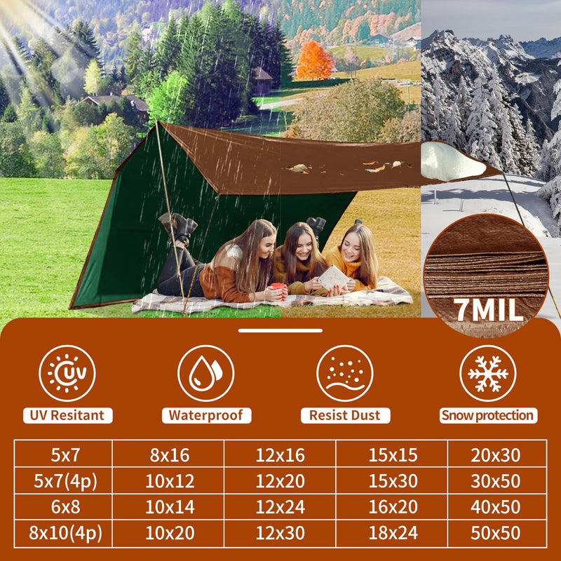 Tarp 5x7 ft 100% Waterproof 7mil Durable Grommets and Reinforced Edges,Uv Resistant,Green/Brown Tarp,Emergency Rain Shelter,Outdoor Cover and Camping Use -by MVPNET