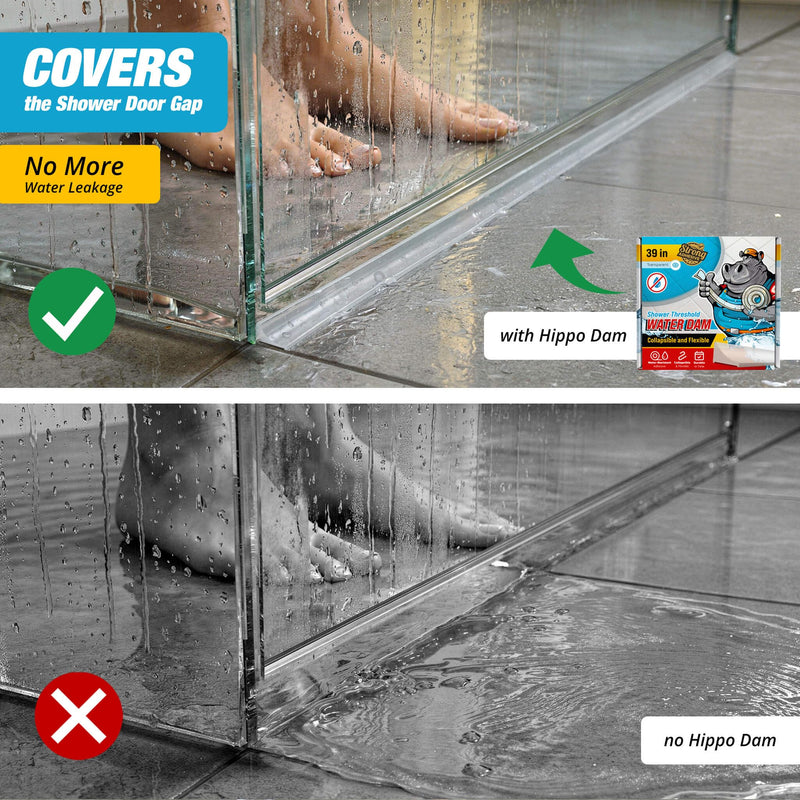 Shower Threshold Water Dam Barrier 39" - Transparent Collapsible Walk in Shower Water Guard - Door Bottom Seal Strip Leak Guard by Hippo Dam