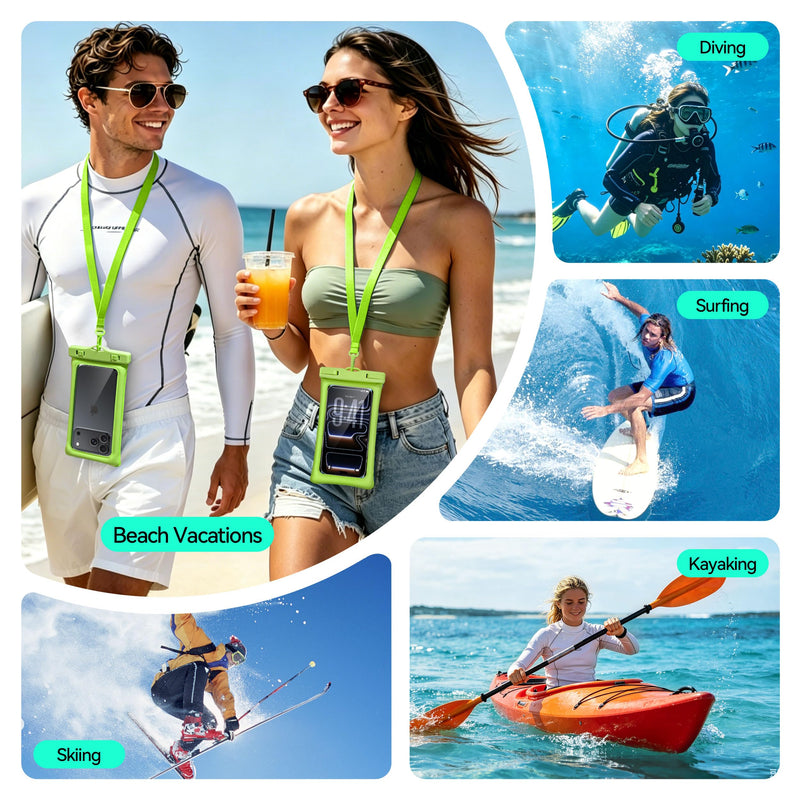 Floating Waterproof Phone Pouch 2 Pack - Dual Floatable Airbags Up to 7.2", IPX8 Waterproof Phone Dry Bag with Lanyard for Beach, for iPhone 17 16 15 Samsung Galaxy Etc., Black + Green