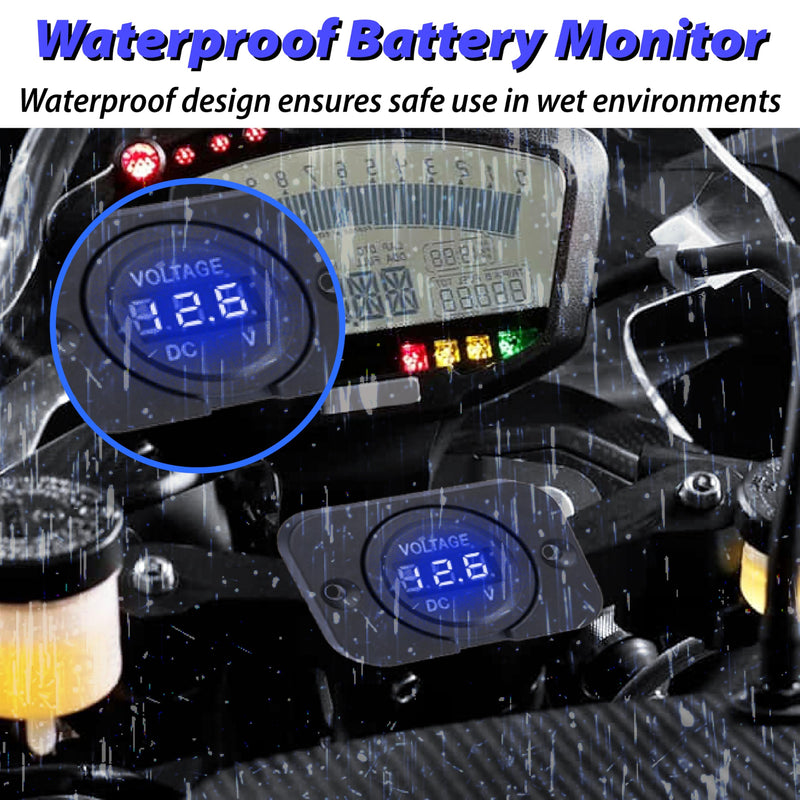 Car Battery Voltage Meter, Waterproof DC 12V 24V Digital Volt Meter, 12v Battery Monitor with LED Digital Display, Round Voltage Gauge for Car Truck RV ATV Boat Marine (Blue Light) Blue