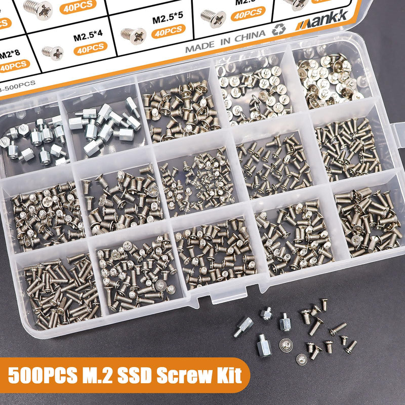 mankk 500PCS M.2 SSD Screw Kit M.2 SSD Mounting Screws Motherboard Standoffs M.2 M2.5 M3 NVMe Screw for Laptop PC Repair & DIY