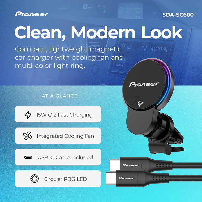 Pioneer Qi2 MagSafe Wireless Car Charger and Phone Mount | MagSafe Compatible, Air Vent Mount, Cooling Fan, RGB Illumination, Includes Metal Ring MagSafe Wireless Charger with Fan