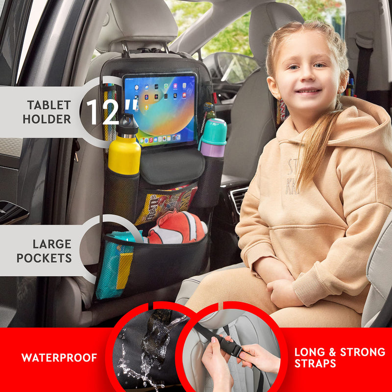 Helteko Car Seat Organizer, Ultra Version Kids Backseat Car Organizers and Storage, Waterproof Back Seat Protector Kick Mats with Tablet Holder 12" Car Accessories Interior, Black 1 Pack