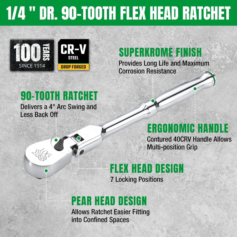 SK 1/4" Drive Flex Head Ratchet Handle, 90-Tooth Ratchet, Premium CR-V Construction, Reversible Design, with Contoured Handle