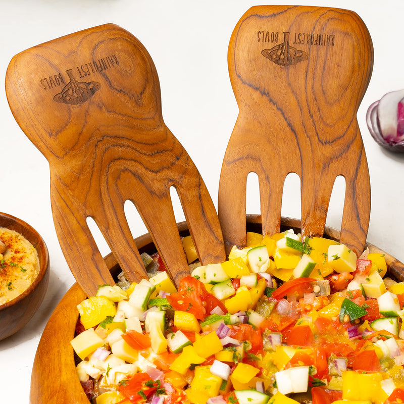 Rainforest Bowls Javanese Teak Wood Salad Serving Hands - Perfect for Mixing, Tossing & Serving Salad - Ultra-Durable- Premium Wooden Design Handcrafted by Indonesian Artisans 1