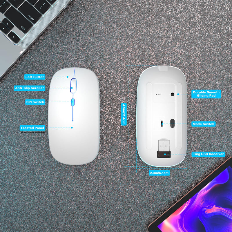 Wireless Bluetooth Mouse,LED Rechargeable Laptop Mouse.Portable Computer Mice use(BT5.2 and USB 2.4G) Dual Mode Connection,Silent,Slim,for Apple Laptop/ipad Tablet/Mac/PC. (White) White