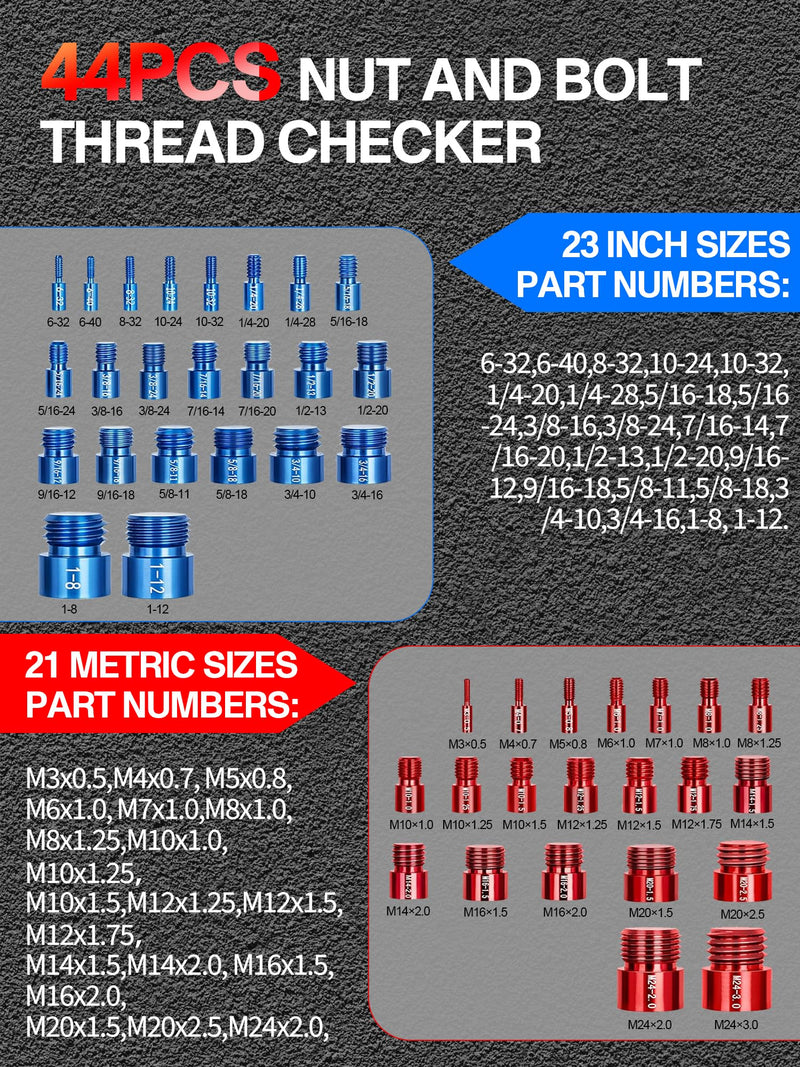 44pcs Nut and Bolt Thread Checker Inch & Metric Bolt and Nut Identifier Gauge Thread Checker Standard and Metric Suitable for Size Checker of Bolts or Nuts in Narrow Areas Black