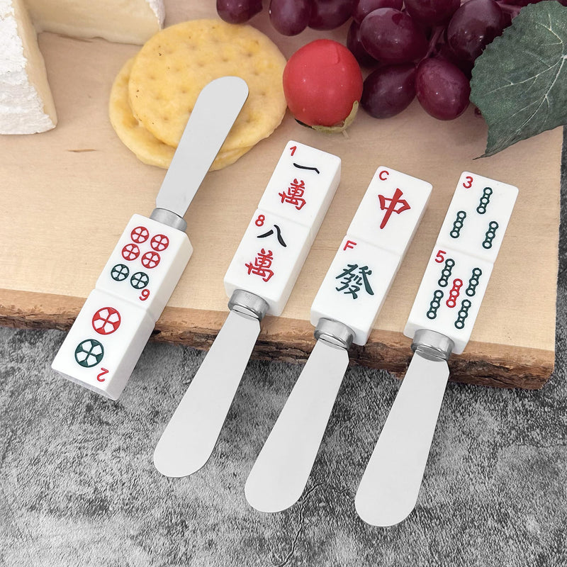 Supreme Housewares Mahjong Tile Cheese Spreaders, Hand-Painted Resin Handles with Stainless Steel Blades for Spreading Cream Cheese, Butter, and Jam, Assorted Designs, Set of 4