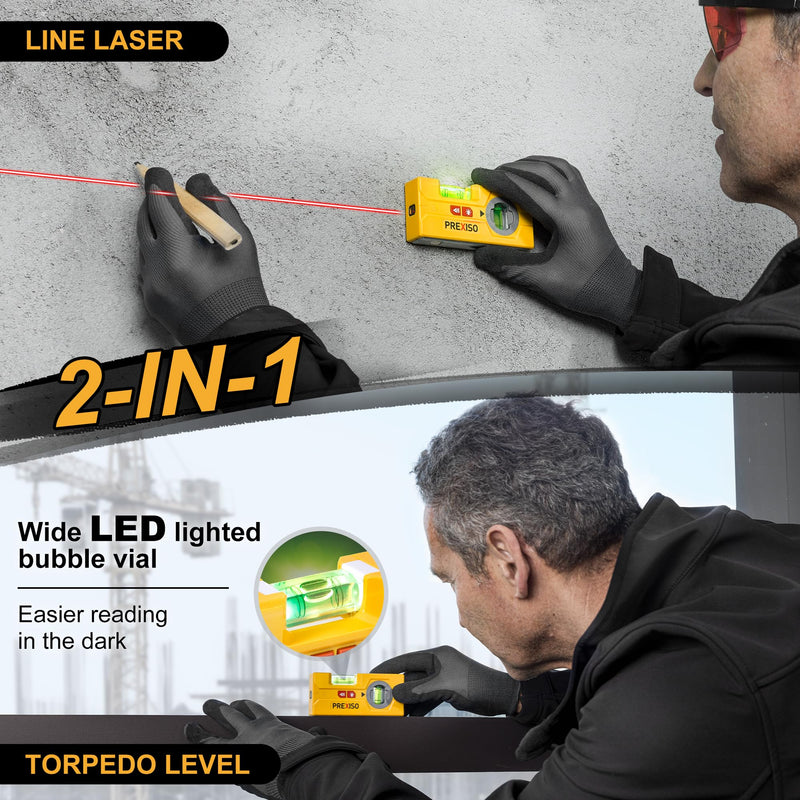 PREXISO 2-in-1 Line Laser Level - Mini Torpedo Level with Light, 3-3/4 inch Rotatable Magnetic Pocket Level & 30Ft Laser Line Leveler Tool for Hanging Picture, Wall Marking Painting, Home Renovation Rotatable Vial