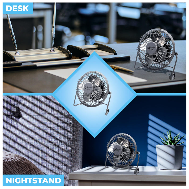 Comfort Zone Mini Portable Desk Fan with 360-Degree Adjustable Tilt, Dual Powered (USB or Power Cord), 4 inch, All-Metal Construction, Airflow 3.31 ft/sec, Ideal for Home, Bedroom & Office, CZHV4BK Black