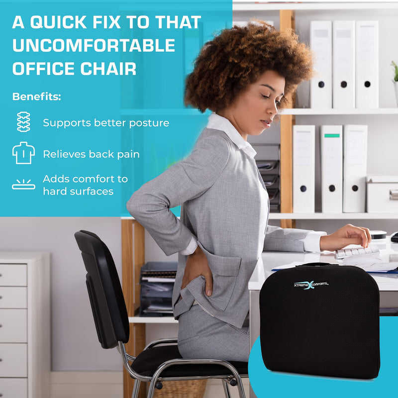Xtreme Comforts Seat Cushions | Office Chair Cushions for Desk, Car, Wheelchair| Ergonomic Memory Foam Seat Cushion for Support & Comfort | Helps Improve Sitting Posture for Work & Body Relief (1 Pc) Classic Black