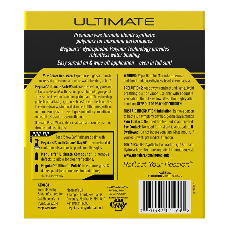 Meguiar's Ultimate Paste Wax - Premium Car Wax for a Deep, Reflective Shine Gloss with Long-Lasting Protection - Easy to Apply and Remove, Microfiber Towel and Applicator Included, 8 Oz Paste 8 Ounce (Pack of 1)