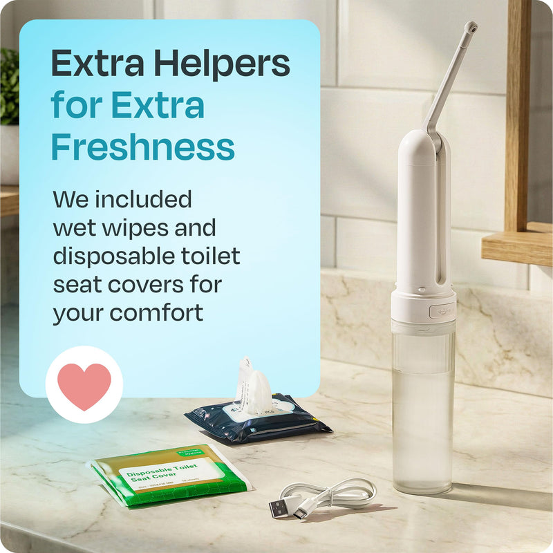 Portable Electric Bidet for Travel - Portable Bidet Rechargeable Handheld Sprayer with 3 High Pressure Modes, USB-C, Adjustable Nozzle & Extra Clean Kit, IPX6 Waterproof Peri Bottle (White) White