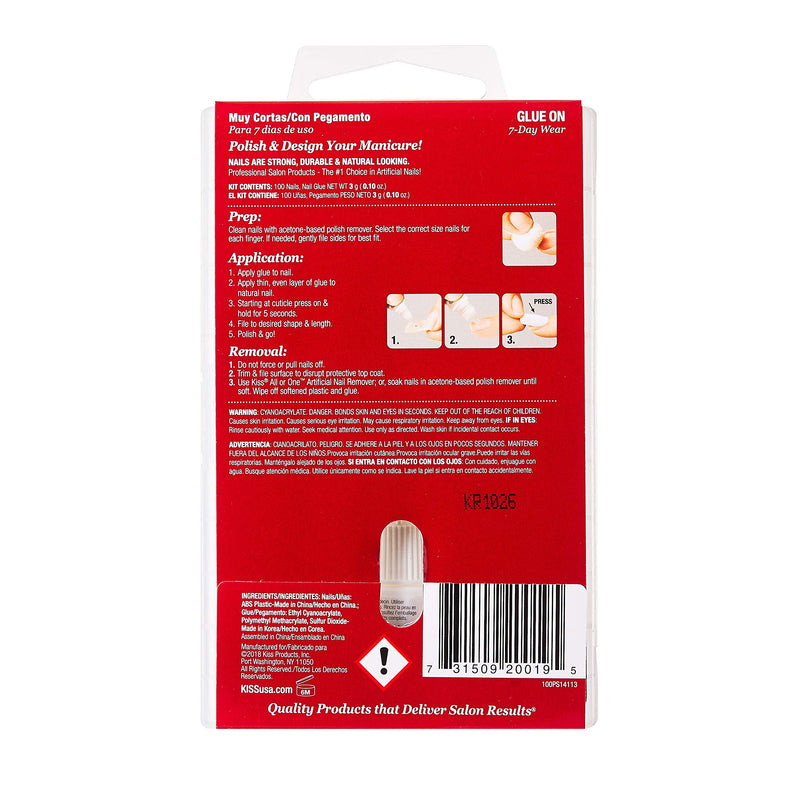 Kiss 100 Full Cover Nails Short Square (Short Length) (Pack of 6)