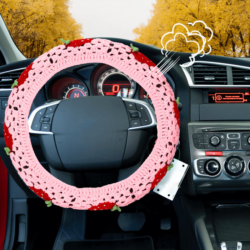 Crochet Steering Wheel Cover Set,Cute Car Steering Wheel Cover Boho 14-15in,Pink Strawberry Granny Square Pattern,Hippie Women Car Accessories (A Wheel Cover) A Wheel Cover
