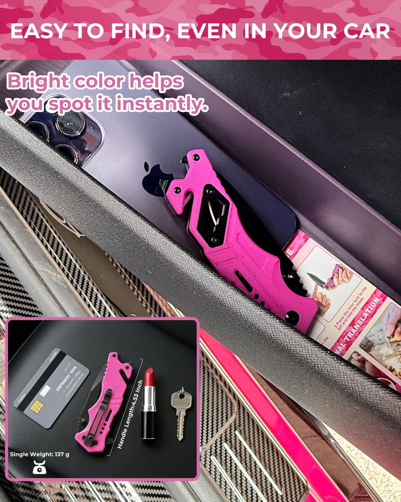 Elegant Pink EDC Pocket Knife for Women, 3 Inch Serrated Blade with G10 Handle and Seatbelt Cutter, Perfect for Hiking, Camping and Everyday Confidence