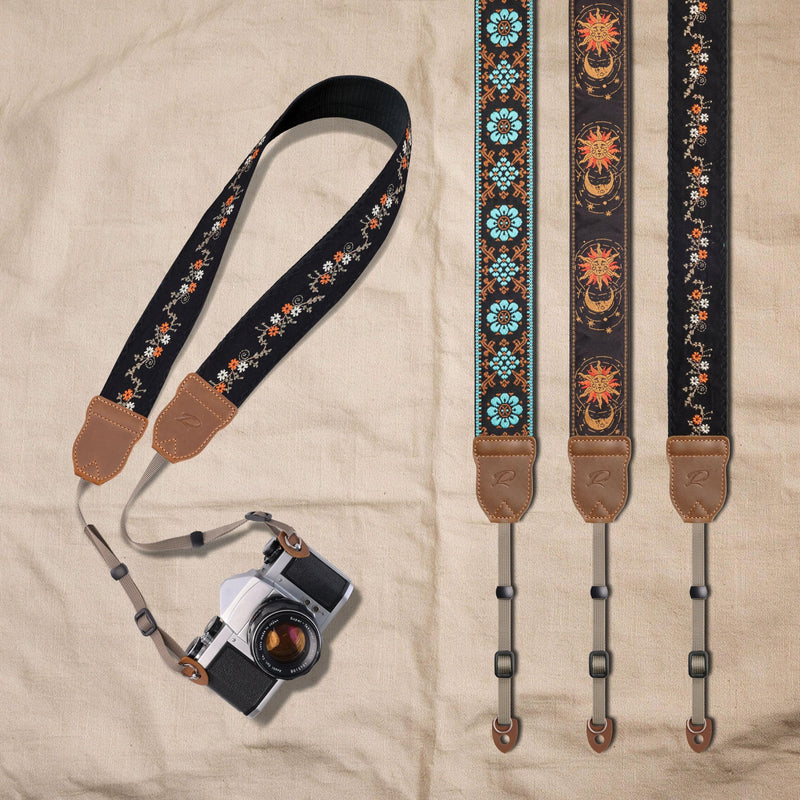 Padwa Lifestyle Camera Strap - 2" Crazy Horse Cowhide Ends Adjustable Camera Straps for Photographers, Soft Fabric Embroidered Cotton Strap Quick Release fits All Cameras(Blue Flower) B# - Blue Flower Embroidery 2 inch Wide / Adjustable 34~57 inch