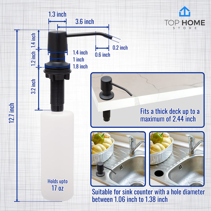 Kitchen Sink Soap Dispenser, Black Matte Stainless Steel Pump for Countertop, Large Bottle with Top Refill (1 Pack) 1